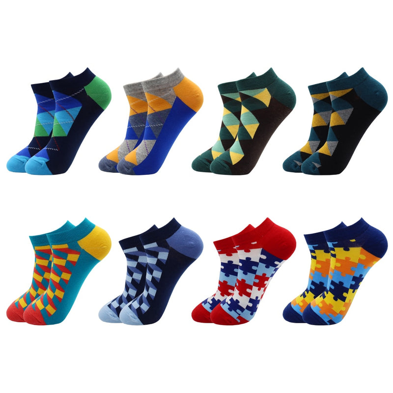 8 Pairs Funny Beer Casual Ankle Socks Fashion Colorful Harajuku Fashion Grid Cotton Women and Men Socks