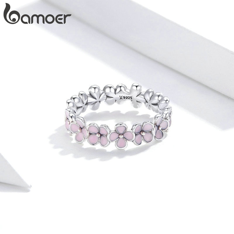 Bamoer S925 Sterling Silver Pink Wreath Finger Ring for Women Birthday Valentine&