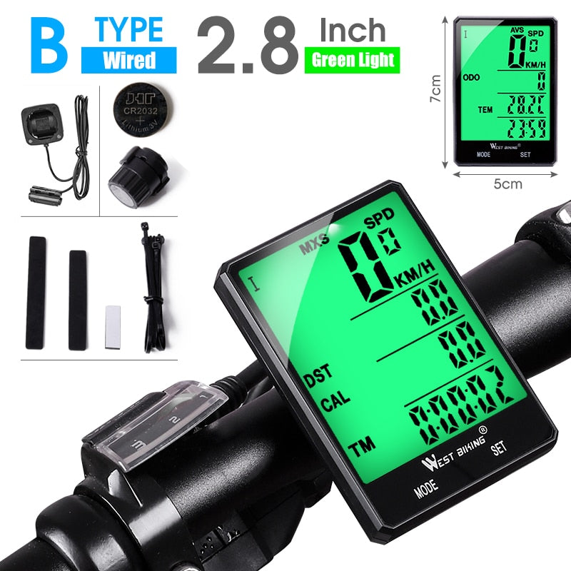 WEST BIKING Cycling Speedometer Digital Large Screen Waterproof LCD Backlight Wireless and Wired Bike Odometer Bicycle Computer