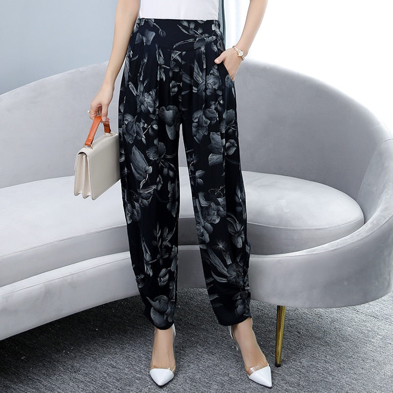 Women Summer Pants 2022 Korean Vintage Striped High Waist Plaid Pants with Print Loose Streetwear Elegant Summer Trousers