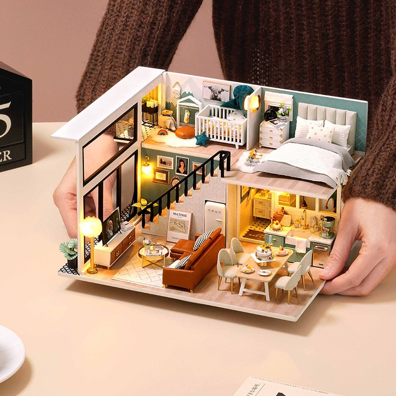 CUTEBEE Dollhouse Kit with Furniture Led Lights Diy Miniature House to Build Tiny Doll House Cozy Time for Children Toy Gift