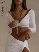 Cryptographic Herbst Mode Outfits Top und Rock Set Damen Kordelzug Geraffte Langarm Zweiteiler Bodycon Röcke Split