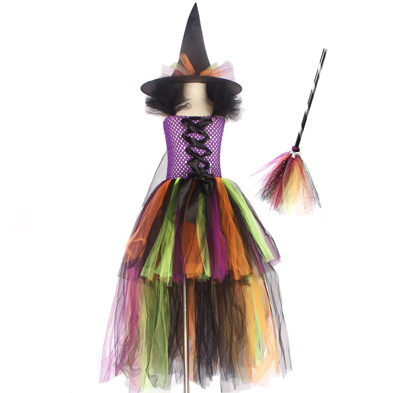 Girls Halloween Witch Tutu Dress Rainbow Trailing Tulle Kids Carnival Cosplay Party Dress Children Fancy Ball Gown Dress Costume