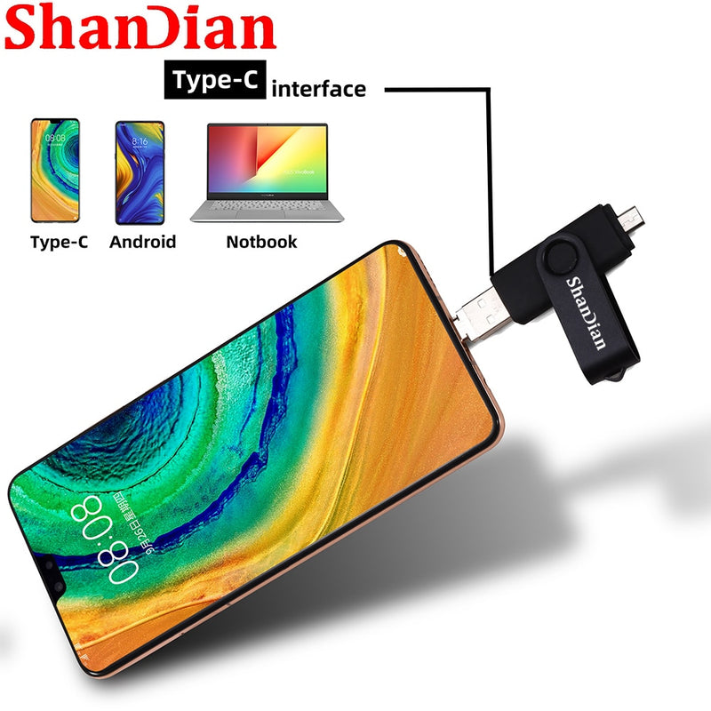 SHANDIAN Multifunction USB flash drive OTG High speed  USB drive 64GB 32GB Pen drive 3in1 Micro USB 2.0 Free TYPE-C adapter gift