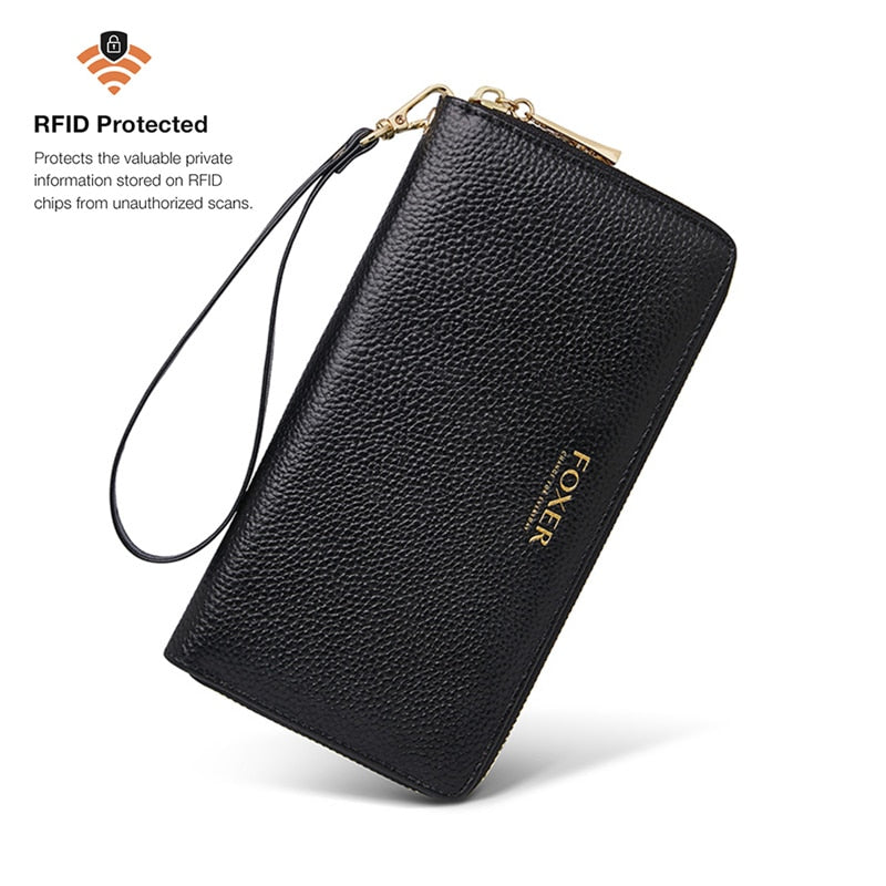 FOXER Women Split Cow Leather Long Wallet Ladies Luxury Card Holder Slot Money Bag Cowhide Phone Bag Simple Purse Female ID Case