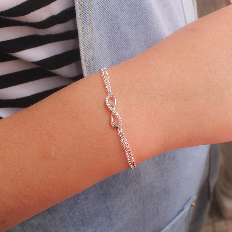 Trustdavis Genuine 925 Sterling Silver Sweet Minimalist Double Layer Infinity CZ Bracelet For Women Wedding Jewelry Gift DS2177