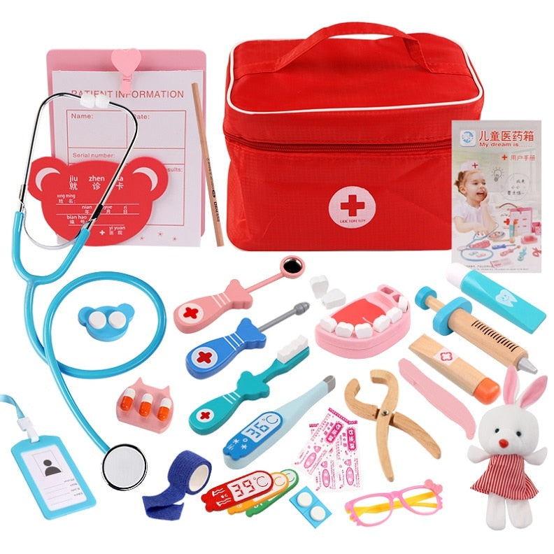 Doctor Toys for Children Set Kids Wooden Pretend Play Kit Games for Girls Boys Red Medical Dentist Medicine Box Cloth Bags