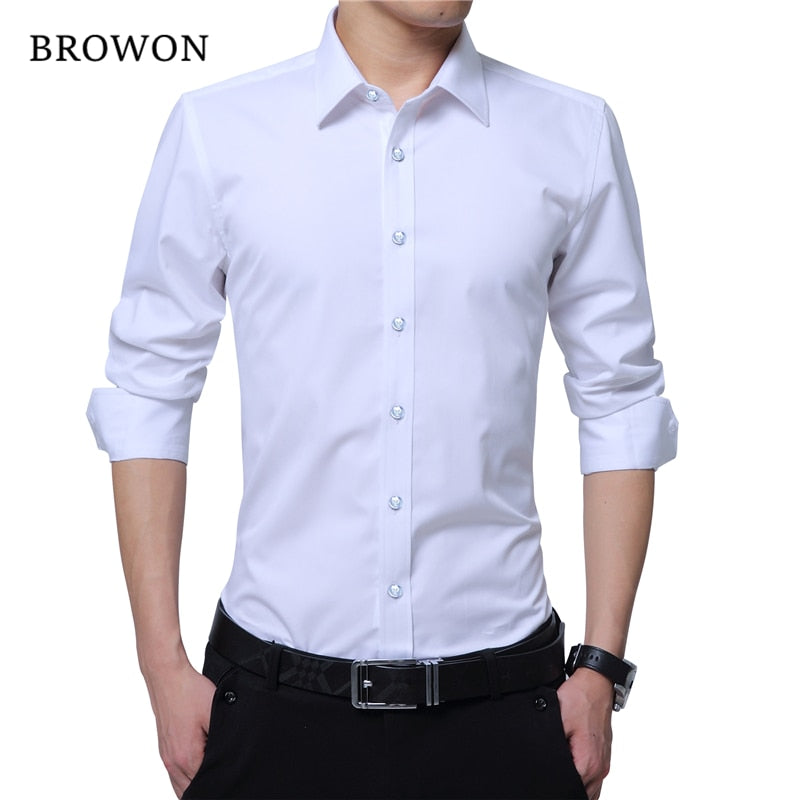 BROWON Men Fashion Blouse Shirt Long Sleeve Business Social Shirt Solid Color Turn-neck Plus Size Work Blouse Brand Clothes