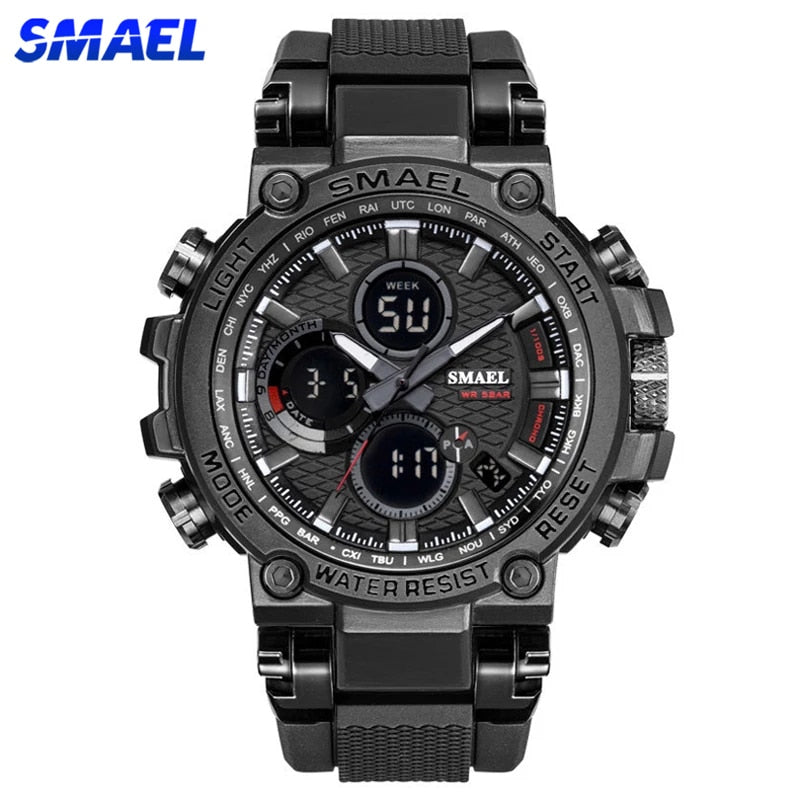 SMAEL Men Sport Watches Digital Double Time Chronograph Watch Mens LED Chronometre Week Display Wristwatches montre homme Hour