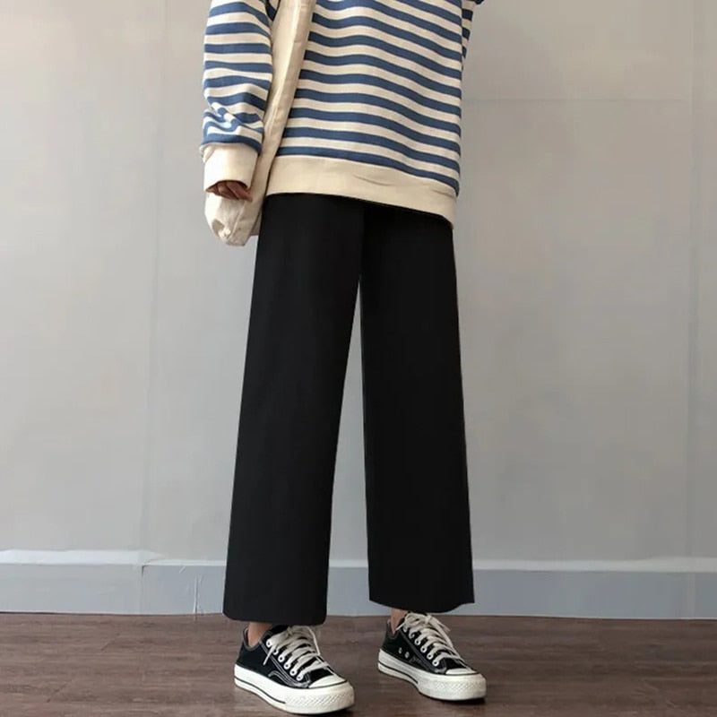 Cusual Pants Damen Frühling Sommer knöchellang Lose Weites Bein Elastisch Hohe Taille Oversize Schwarz Einfach Bequem Elegant Damen