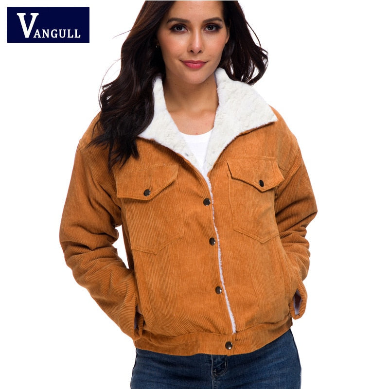 Vangull, abrigo de invierno de pana para mujer, abrigo cálido de terciopelo de algodón grueso para mujer, chaqueta de moda con forro de piel sintética, prendas de vestir de manga larga