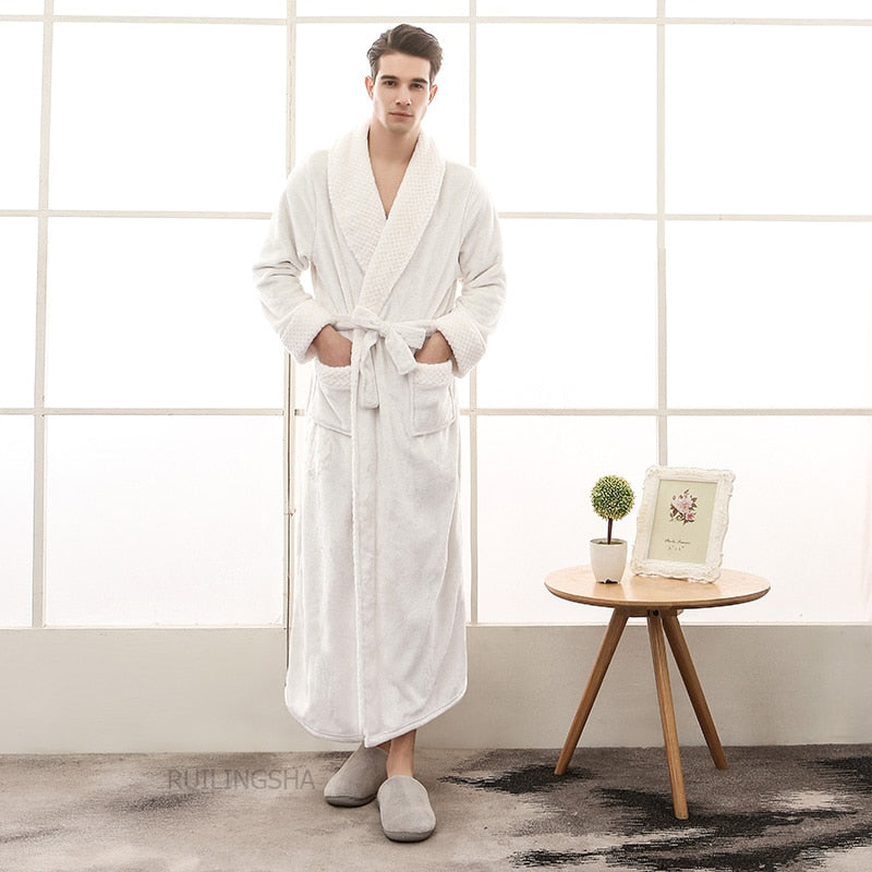 Men Long Thick Warm Flannel Bath Robe Plus Size Women Robes Coral Fleece Bathrobe for Winter Dressing Gown Male Kimono Sleepwear