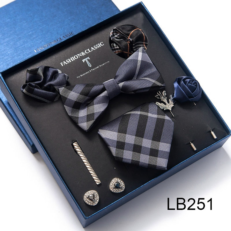 Envío Gratis, conjunto de corbata para hombre, caja de regalo de lujo, conjunto de corbata de seda, 8 Uds., embalaje interior, regalo festivo, pañuelos de bolsillo