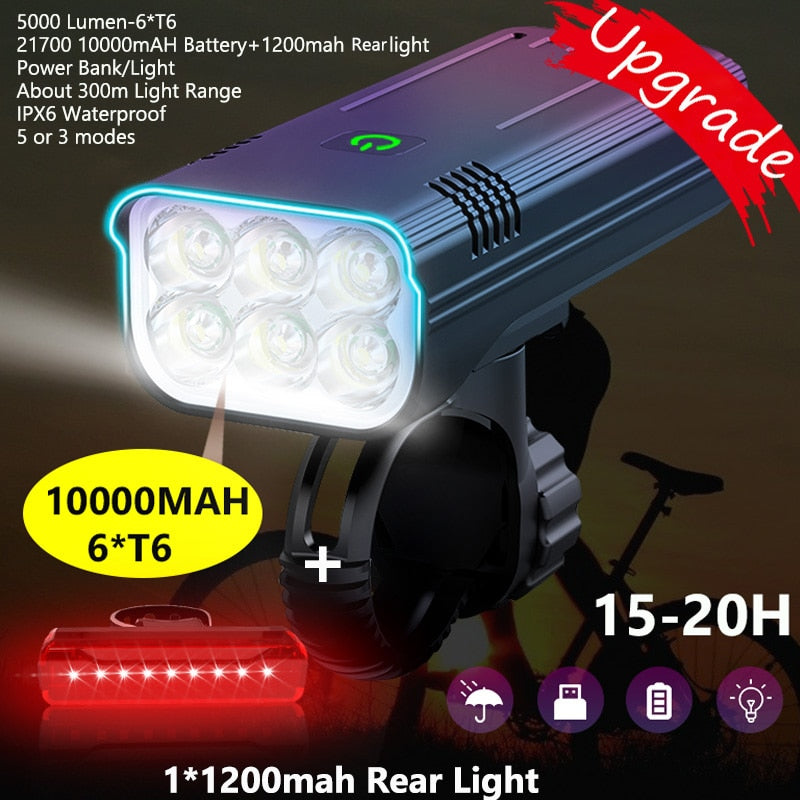 10000mAh Bike Light USB Rechargeable 5000 Lumens Bike Headlight 6T6 LED Super Bright Flashlight Front Lights and Back Rear light