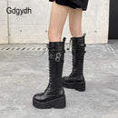 Gdgydh Mode Frauen Stiefel Cross Strap PU Leder Herbst Winter Kniehohe Stiefel Damen Dicke Sohle Plateauschuhe Punk Gothic