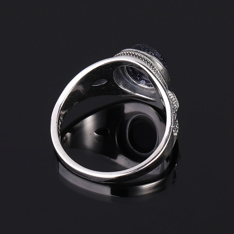 Natural Blue Sandstone 8x10MM Silver Ring Jewelry Retro Oval Ring For Women Gift Wholesale Party Wedding Gift