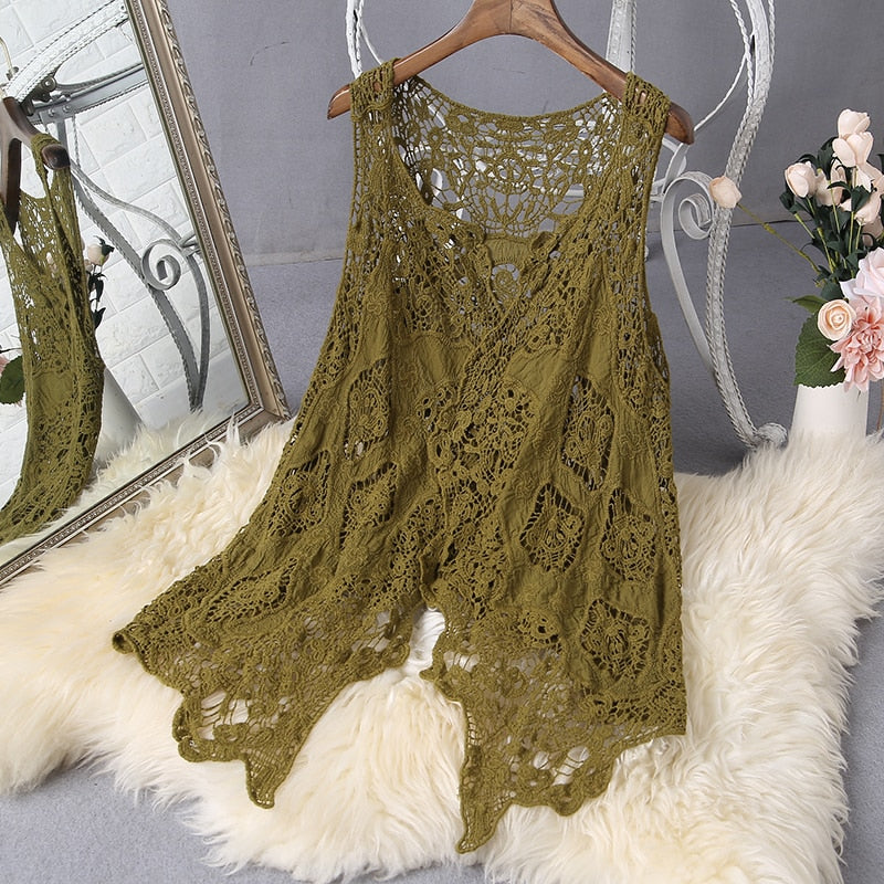 Hippie Froral Patch Design Vest Retro Vintage Crochet Summer Beach Cover Up Top Asymmetric Open Stitch Kimono Cardigain 2022