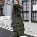 2022 neue Winterjacke Frauen warme Mode Bogen Gürtel Fuchspelzkragen Mantel langes Kleid Frauen dicker Mantel