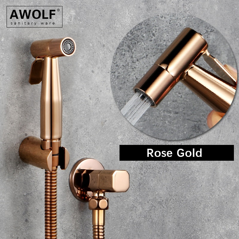 Awolf Rose Gold Hygienischer Duschkopf Handtoilette Bidet Sprühset Edelstahl Shattaf Messingventil Analdusche AP2102