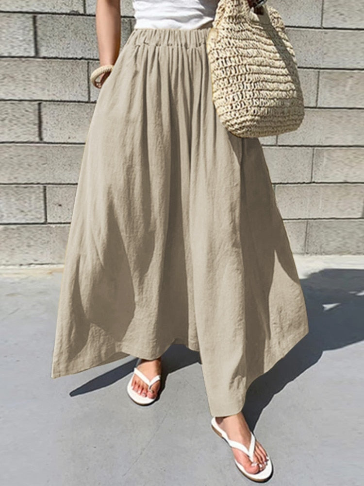 ZANZEA Oversized Women Wide Leg Pants 2022 Fashion Female Casual Elastic Waist Trousers Office Lady Loose Pockets Streetwear