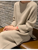 SMTHMA, nueva moda de invierno, suéter de punto cálido grueso para mujer, trajes de dos piezas + conjunto de pantalones de pierna ancha sueltos de cintura alta