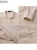 ZANZEA Frauen Herbst Sommerkleid Elegantes Langes Hemdkleid Revers Hals Langarm Solide Vestido Beiläufige Lose Arbeitskleider Robe Femme