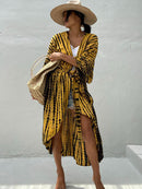 2022 Bikini-Vertuschungen Schwarz Retro Striped Self Belted Damen Sommerkleidung Kimono Kleid Beach Wear Badeanzug Cover Up Q1225