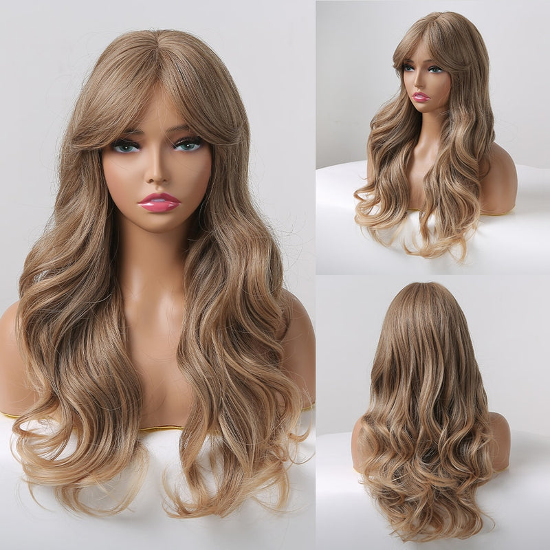 ALAN EATON Long Ombre Black Brown Blonde Wigs with Bangs Heat Resistant Synthetic Wave Wigs for Women African American Cosplay