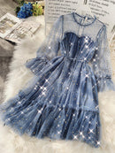 2022 New Female O-neck Stars Sequined Mesh Shiny Fairy Dress Women Elegant Bling Gauze Princess Puff Dresses Vestidos De Fiesta