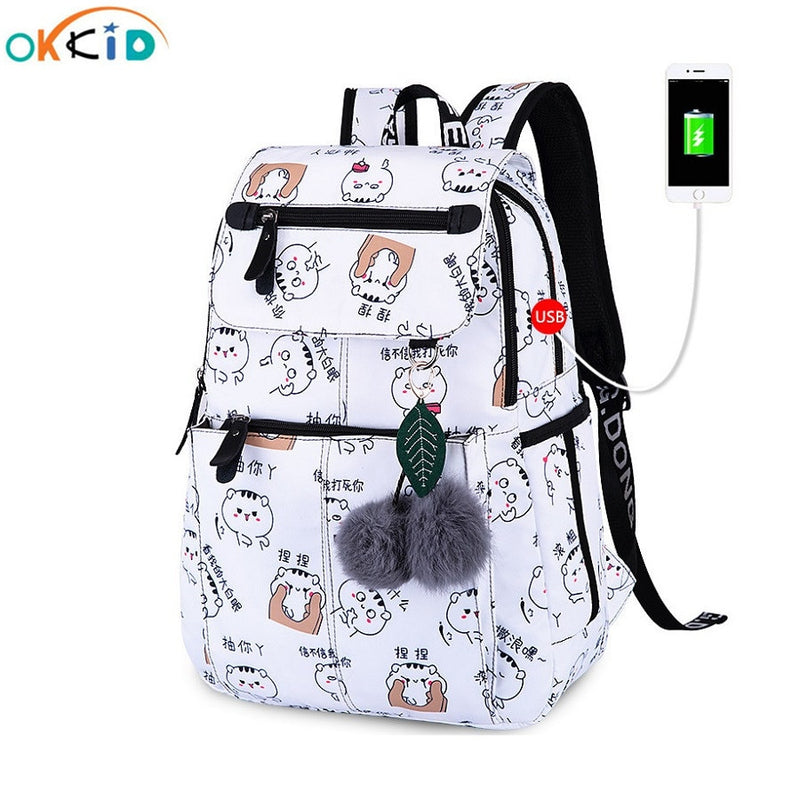 OKKID Schultaschen für Mädchen weiblicher Laptop-Rucksack USB-Rucksack Kinderrucksäcke süße Katze Schulrucksack für Mädchen Taschenpack