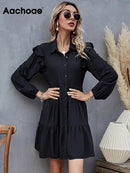 Aachoae verano otoño mujer vestido negro volantes manga larga elegante camisa vestido suelto Casual plisado Mini vestido vestido de verano bata