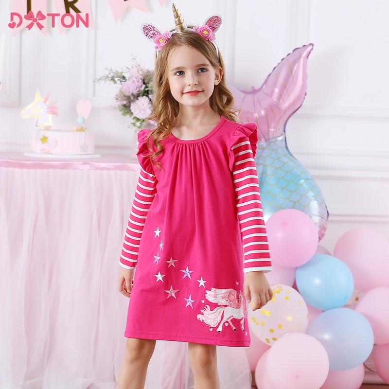 DXTON Winter Kinder Kleider Für Mädchen Fliegen Ärmel Einhorn Kinder Kleid Stern Streifen Kleinkind Baumwolle Kleidung Kausal Mädchen Kleid