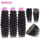 Sweetie Brazilian Deep Wave Bundles mit frontalem Verschluss, 100 % Echthaar-Webart, 3 oder 4 Bundles mit Ohr-zu-Ohr-Frontal, nicht remy