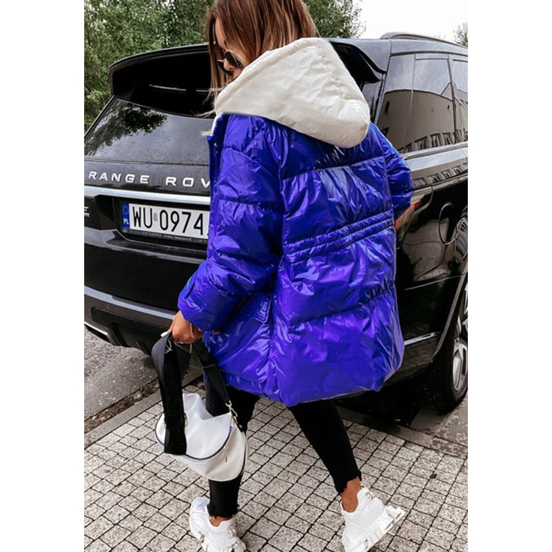 Winter-glänzender mit Kapuze Mantel-Frauen-langer Hülsen-Reißverschluss-beiläufiger Straßen-Art-Bomber-Jacken-dicker warmer Parka-Oberbekleidung 2021
