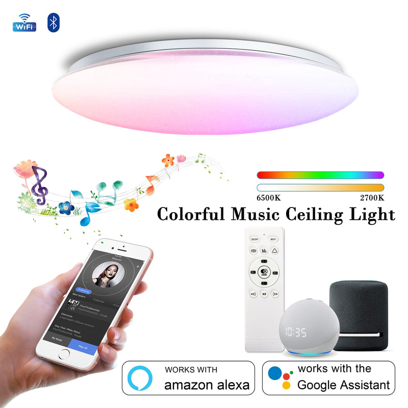 Intelligente Deckenleuchten mit Lautsprecher RGB-Farbe Dimmbare APP-Fernbedienung Sprachsteuerung mit Alexa 55W 45W für Wohnzimmer Schlafzimmer