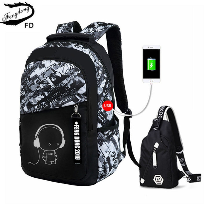 Fengdong Jungen Schultaschen wasserdichter großer Rucksack für Teenager Bagpack High School Rucksack für Jungen Student Brusttasche Set