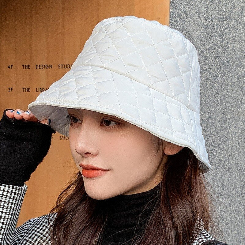 Sparsil Women Autumn Winter Foldable Bucket Hats Solid Lattice Silk Wadding Caps Keep Warm Prevent Cold Basin Fisherman Hat