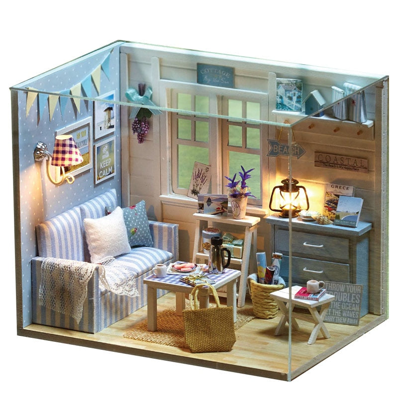 Cutebee DIYHouse miniatura con muebles LED música polvo cubierta modelo Juguetes De bloques De construcción para niños Casa De Boneca