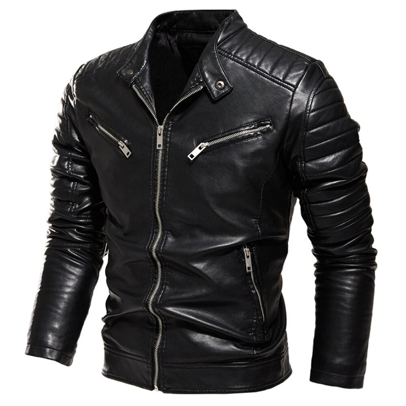 2022 Winter Black Leather Jacket Men Fur Lined Warm Motorcycle Jacket Slim Street Fashion BLack Biker Coat Pleated Design Zipper