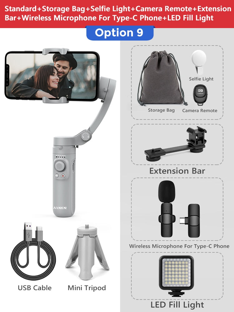 AXNEN HQ3 3-Achsen-faltbarer Smartphone-Handheld-Gimbal-Handy-Videoaufzeichnungs-Vlog-Stabilisator für iPhone 13 Xiaomi Huawei Samsung