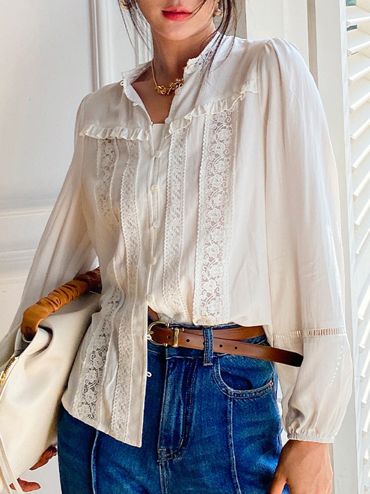 Jastie 2022 Spring Summer Ruffled Embroidery Blouses V-Neck Long-sleeve French Blouse V-neck Boho White Lady Shirts Blusas