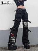 InsGoth Y2K Punk Skull Print Schwarze Schnalle Hose Harajuku Hohe Taille Große Tasche Hose Goth Mall Grunge Cargohose Techwear