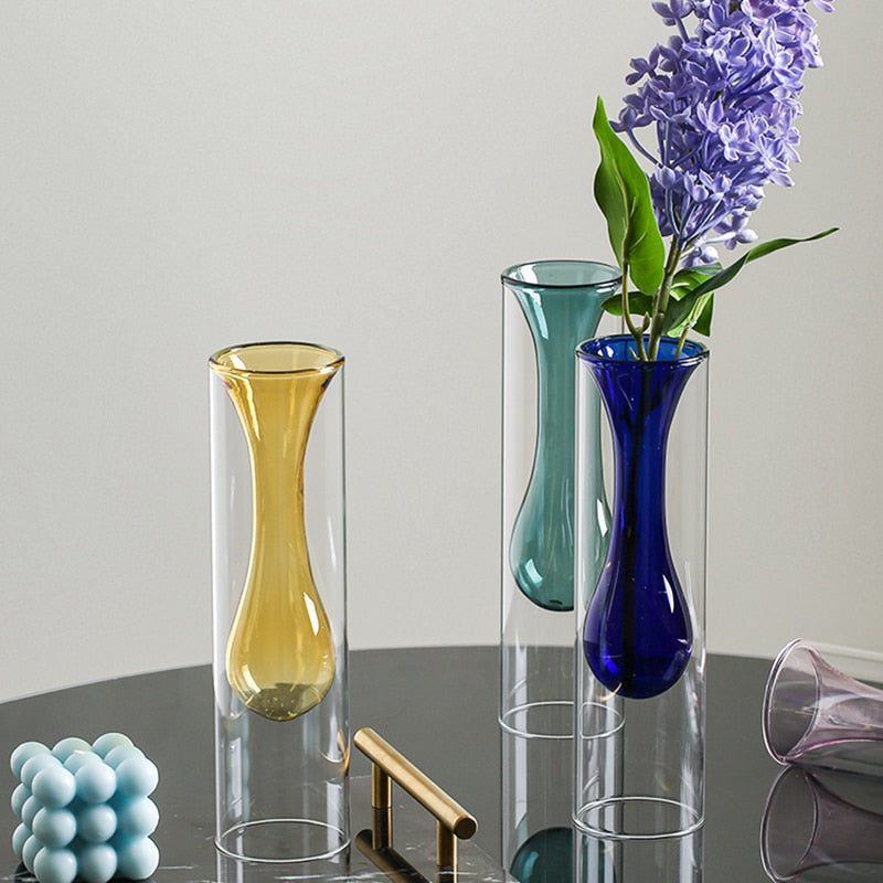 Decoración nórdica para el hogar, jarrón de cristal para decoración de sala de estar, jarrón de flores, decoraciones transparentes para el hogar, gafas decorativas, regalos
