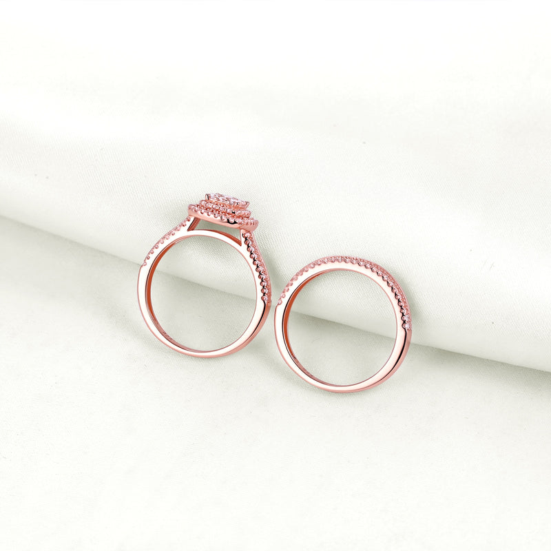 Newshe Double Halo Roségold 925 Silber Verlobungsring Brautset für Frauen AAAAA Kubikzirkon Romantischer Hochzeitsschmuck