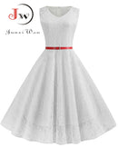 Women Summer Dress 50S 60S Elegant Vintage Lace Dress Robe Sleeveless Party Casual White Midi Vestidos