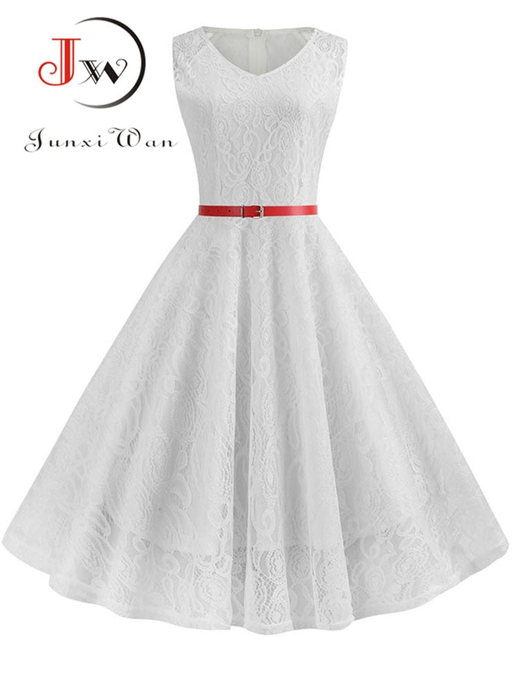 Women Summer Dress 50S 60S Elegant Vintage Lace Dress Robe Sleeveless Party Casual White Midi Vestidos
