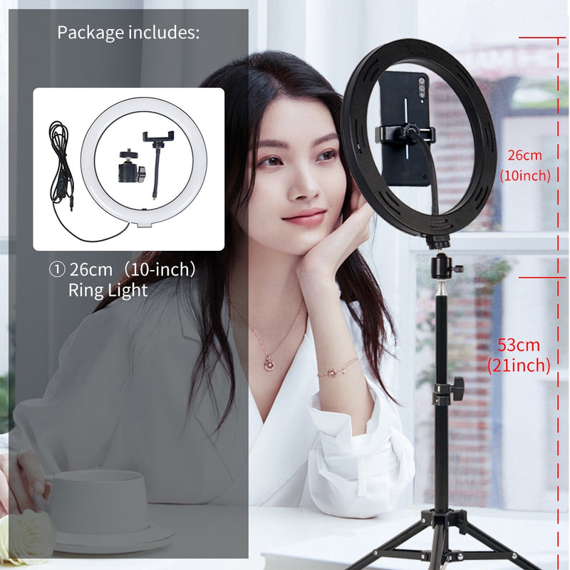 10&quot; Selfie Ring Light With Tripod Professional Photography Circle Ring Lamp Phone Holder Dimmable Ringlight For Youtube Makeup