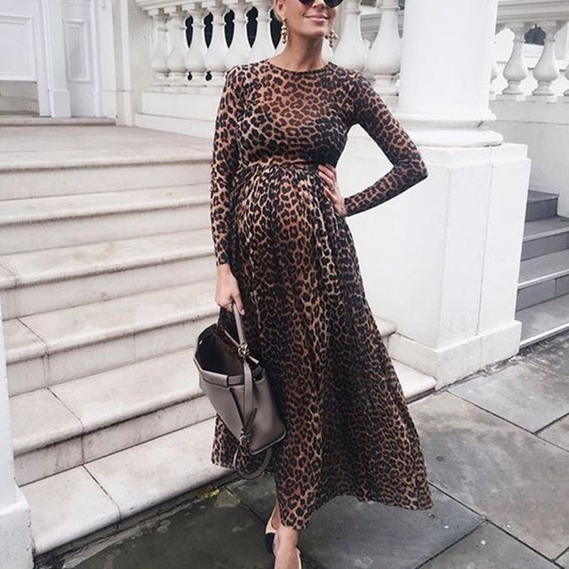 Fashion Maternity Dresses Photography Props Leopard Pregnancy Dress Long Sleeve Maternity Clothes For Pregnant Women Photo Shoot