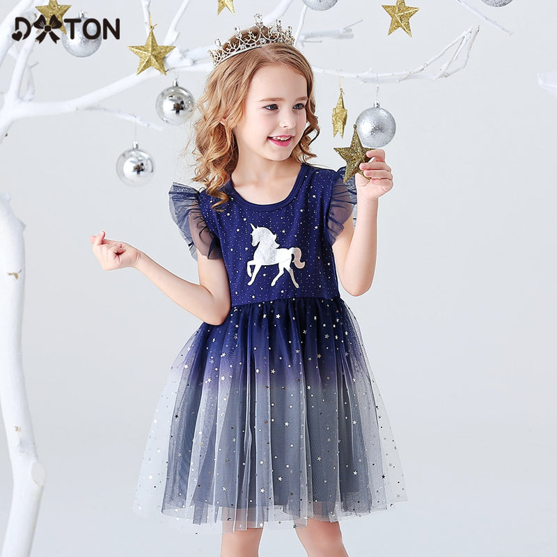 DXTON Mädchen Kleidung für Sommer Prinzessin Kleider Kinder Flare Ärmel Einhorn Druck Kleid Mädchen Party Kleider Kinder Kleidung 3-8 Jahre