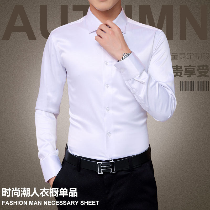 Camisa de estilo coreano a la moda para hombre, vestido de boda, camisa Vintage de manga larga, esmoquin de seda, camisa blanca de algodón para hombre